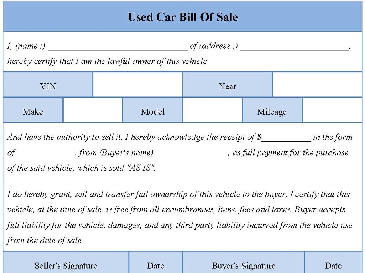 Used Car Bill Of Sale Form Editable PDF Forms