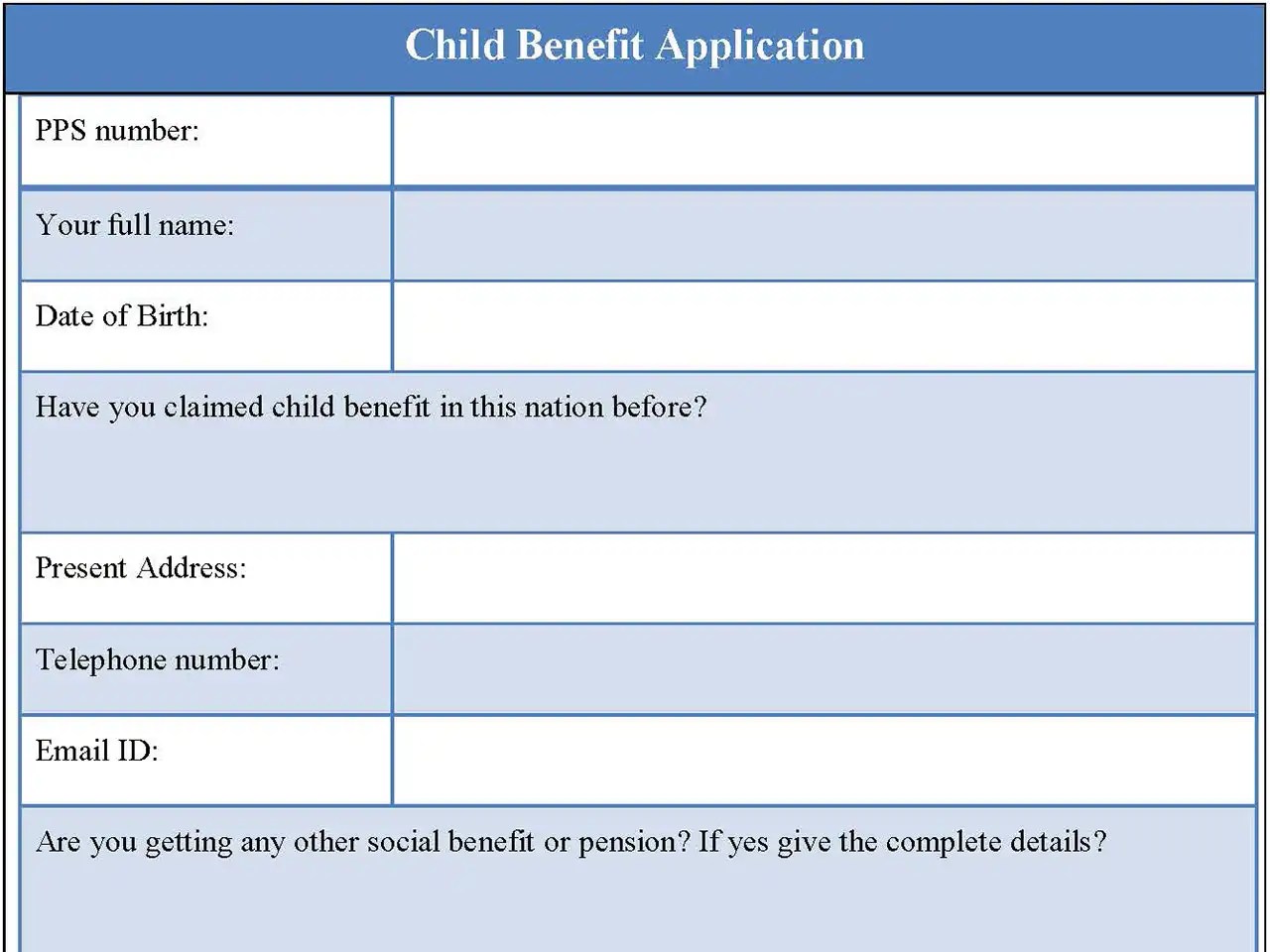 Child Benefit Application Form Editable PDF Forms