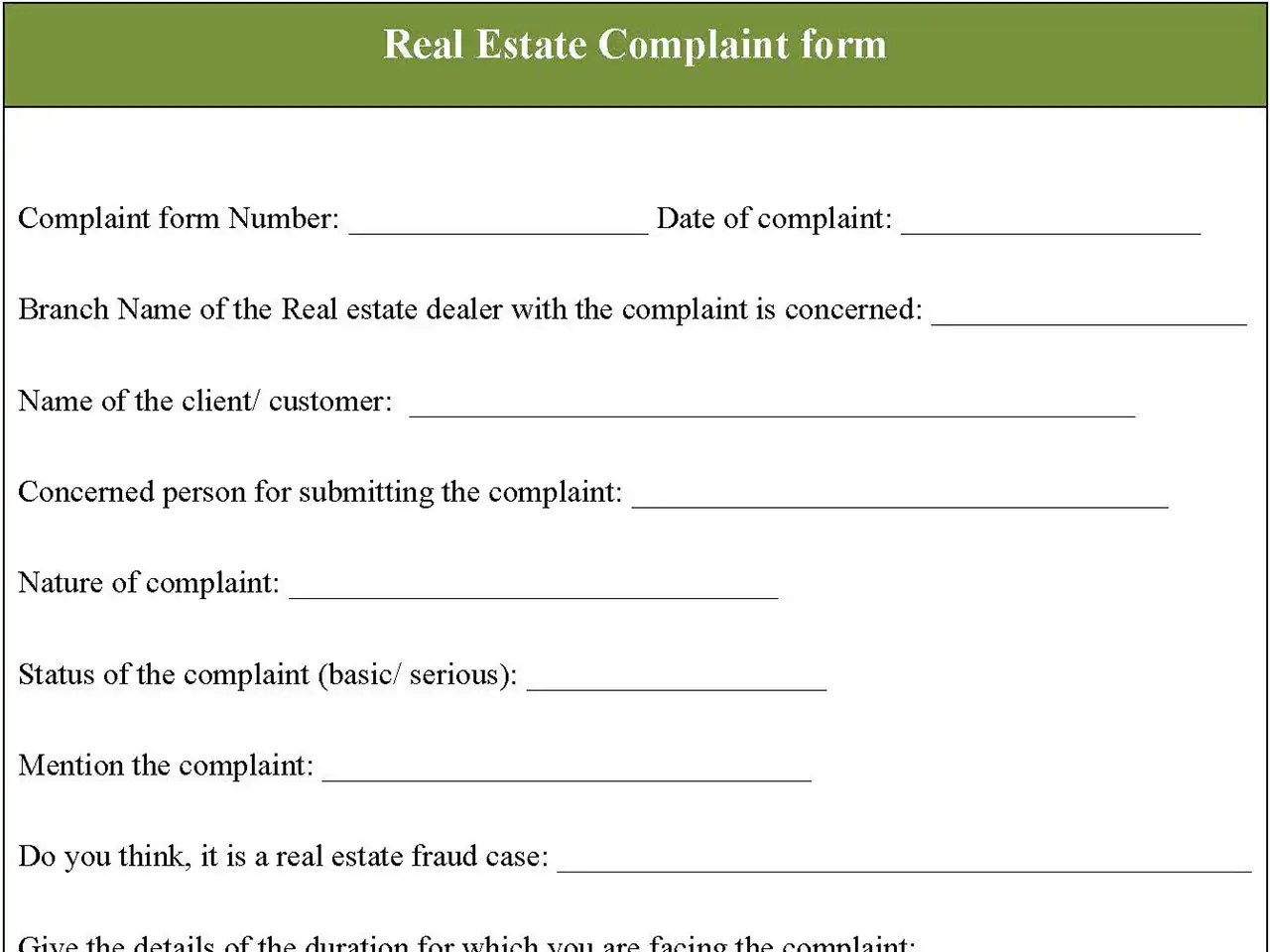 Real Estate Complaint form Editable PDF Forms