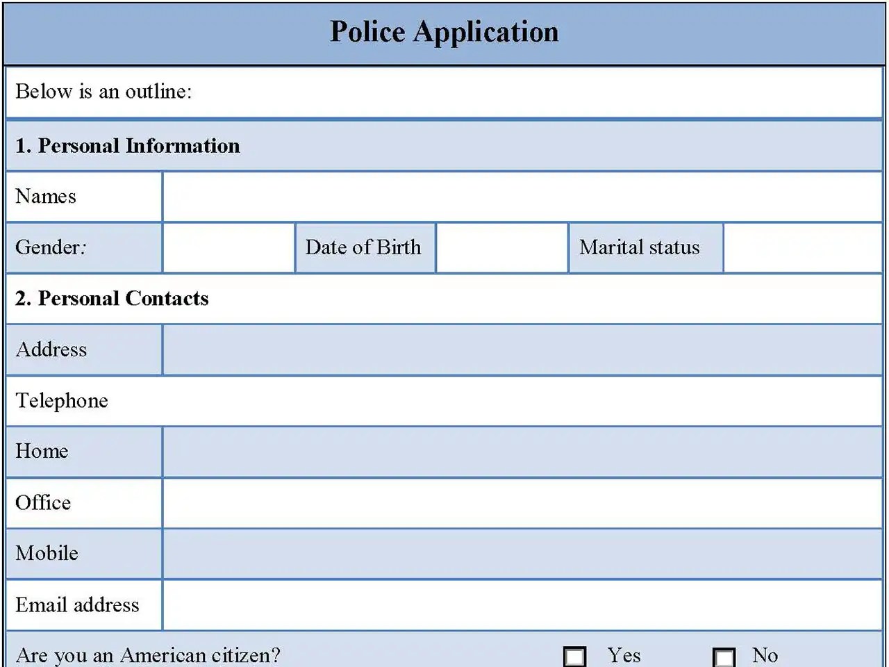 Police Application Form Editable PDF Forms