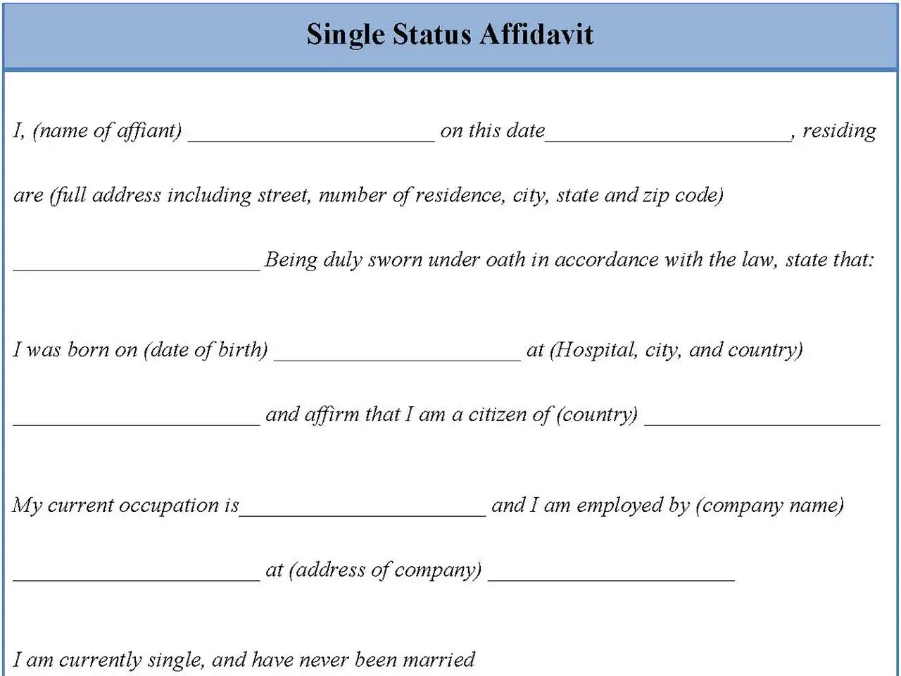 Single Status Affidavit Fillable PDF Form