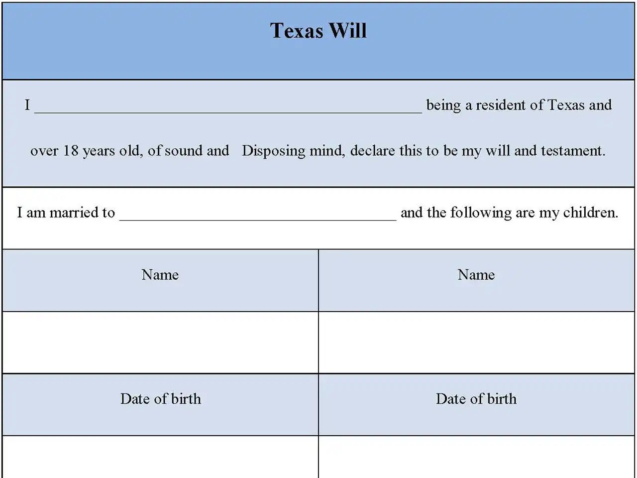 Texas Will Fillable PDF Form