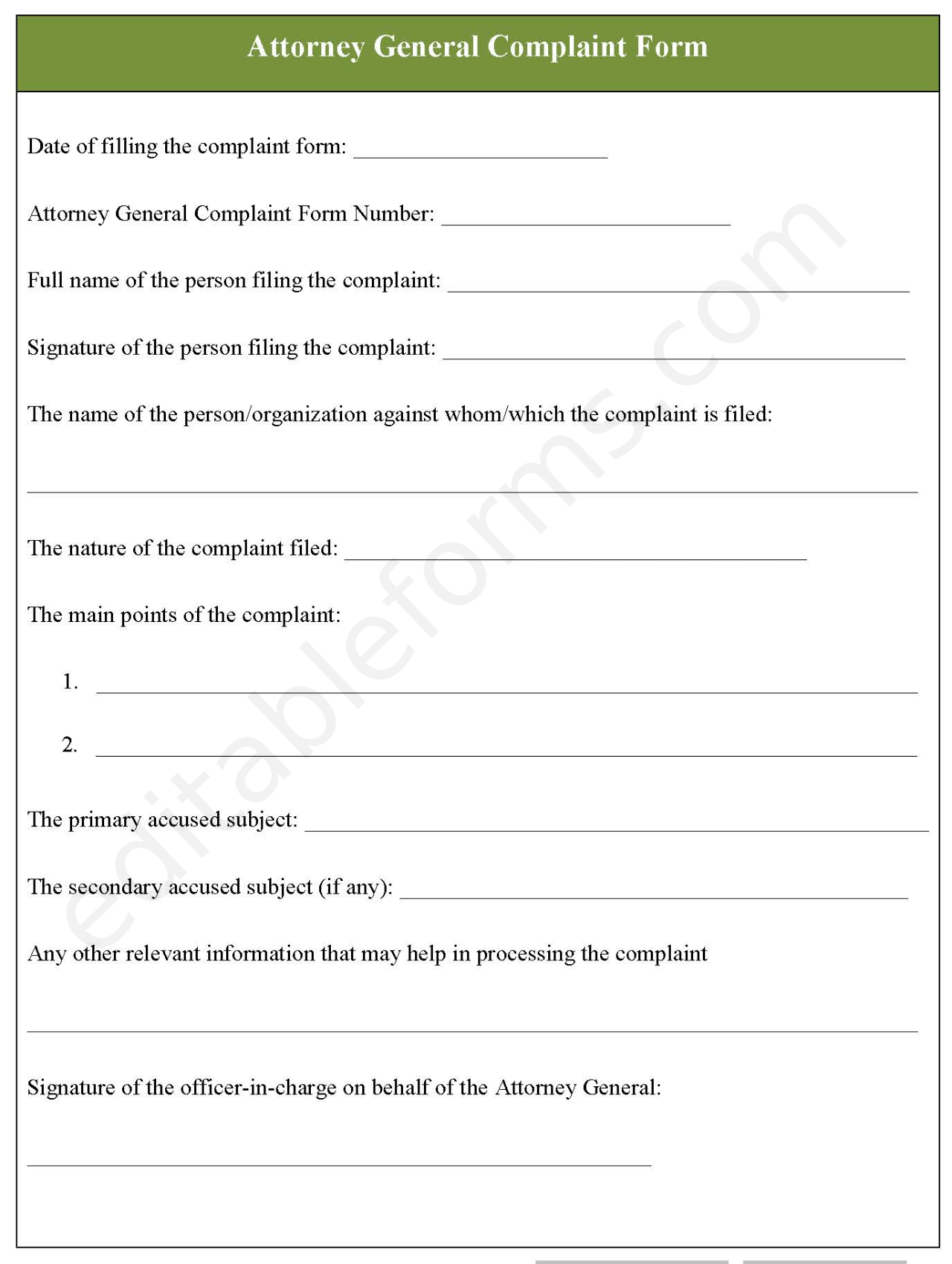 Attorney General Complaint Form Editable PDF Forms