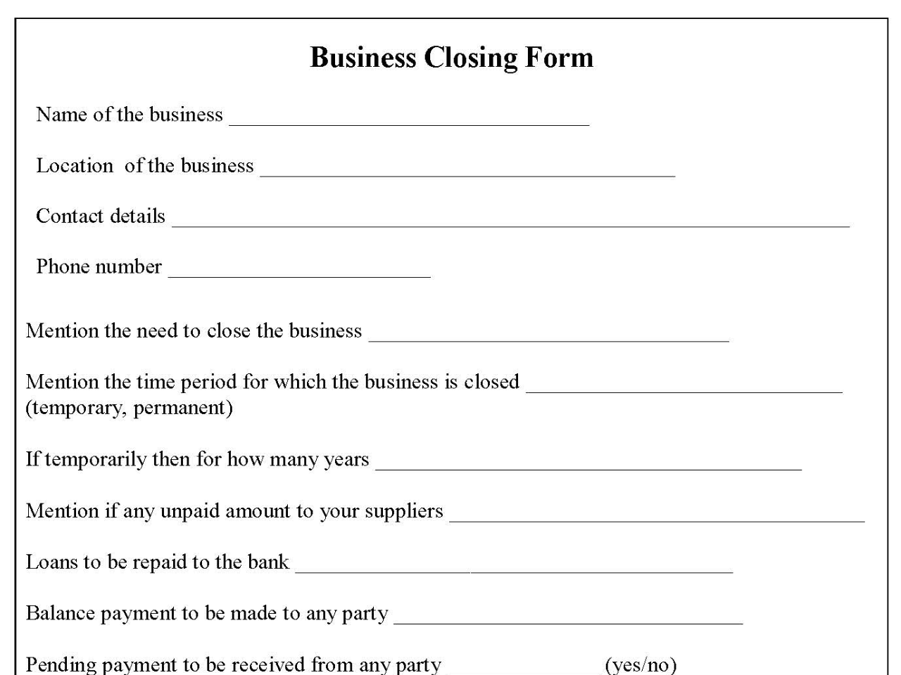 Business Closing Form Editable PDF Forms