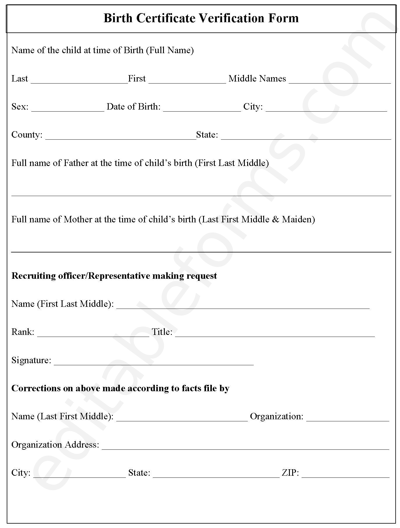 Birth Certificate Verification Form Editable PDF Forms