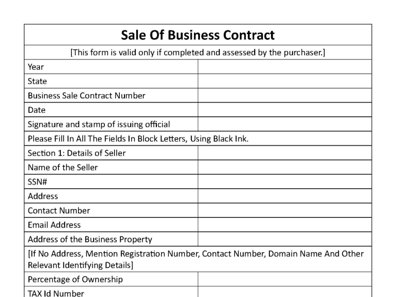 Business Sale Contract Form Editable PDF Forms
