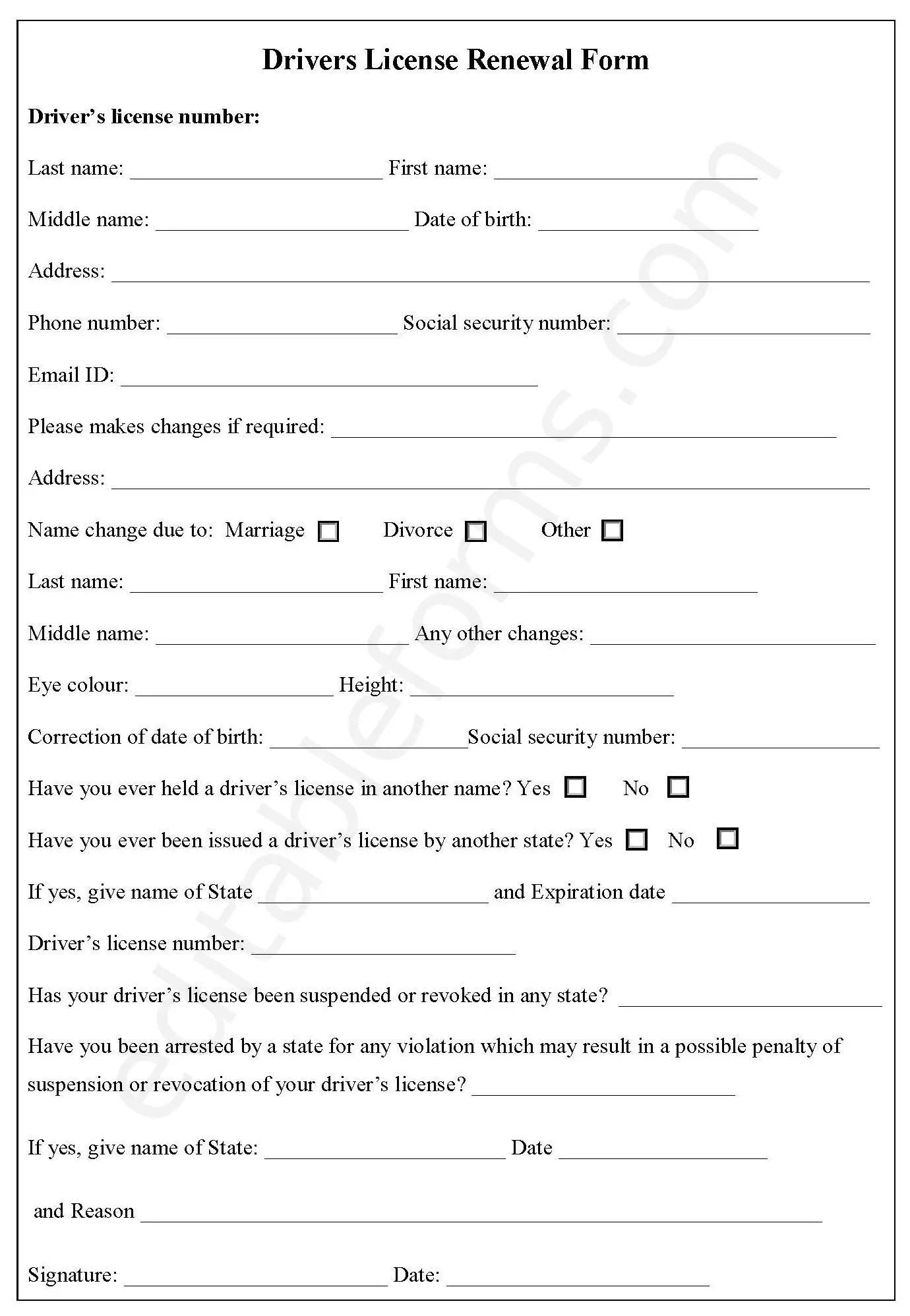 Drivers License Renewal Form Editable PDF Forms