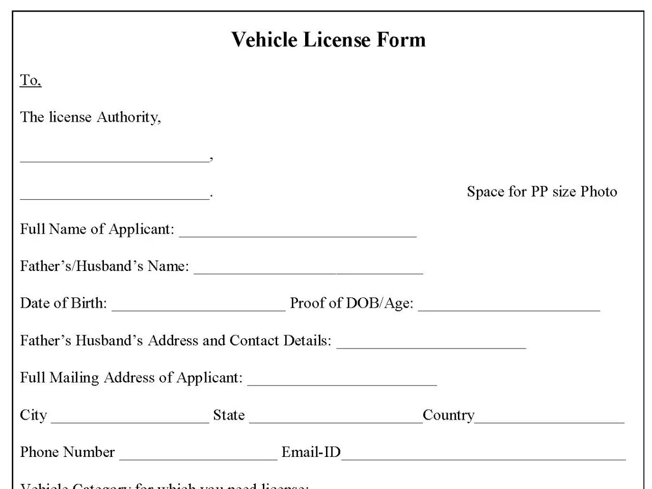 Vehicle License Form Editable PDF Forms