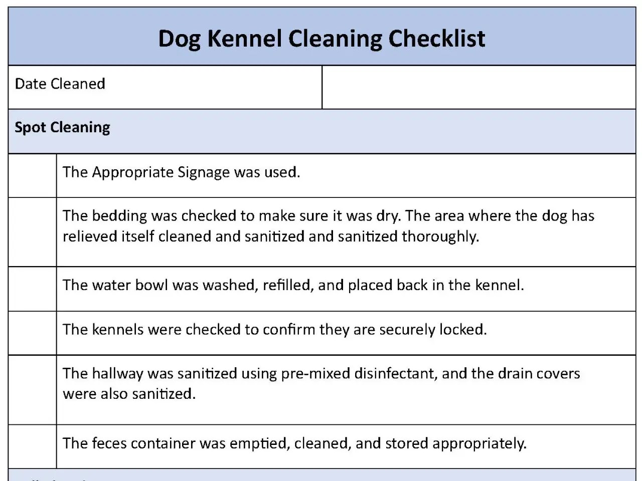 Dog Kennel Cleaning Checklist Fillable PDF Form Editable PDF Forms