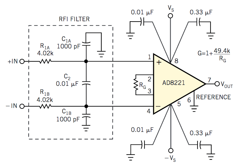 Input filter prevents instrumentationamp RFrectification errors EDN