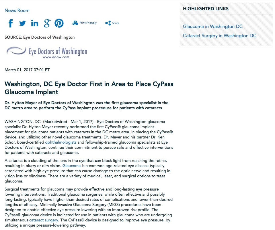 Washington, DC Eye Doctor First in Area to Place CyPass