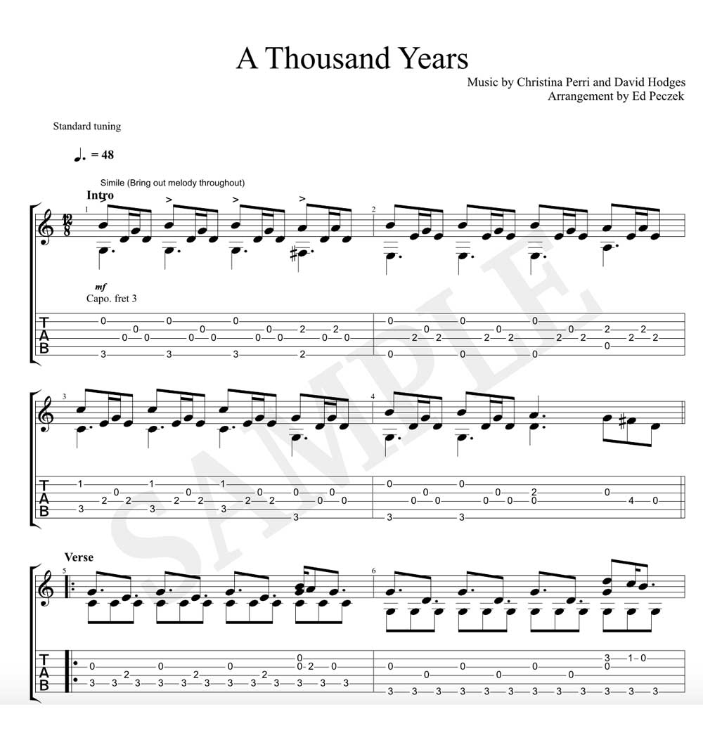 A Thousand Years for Solo Classical Guitar (Notation/TAB)