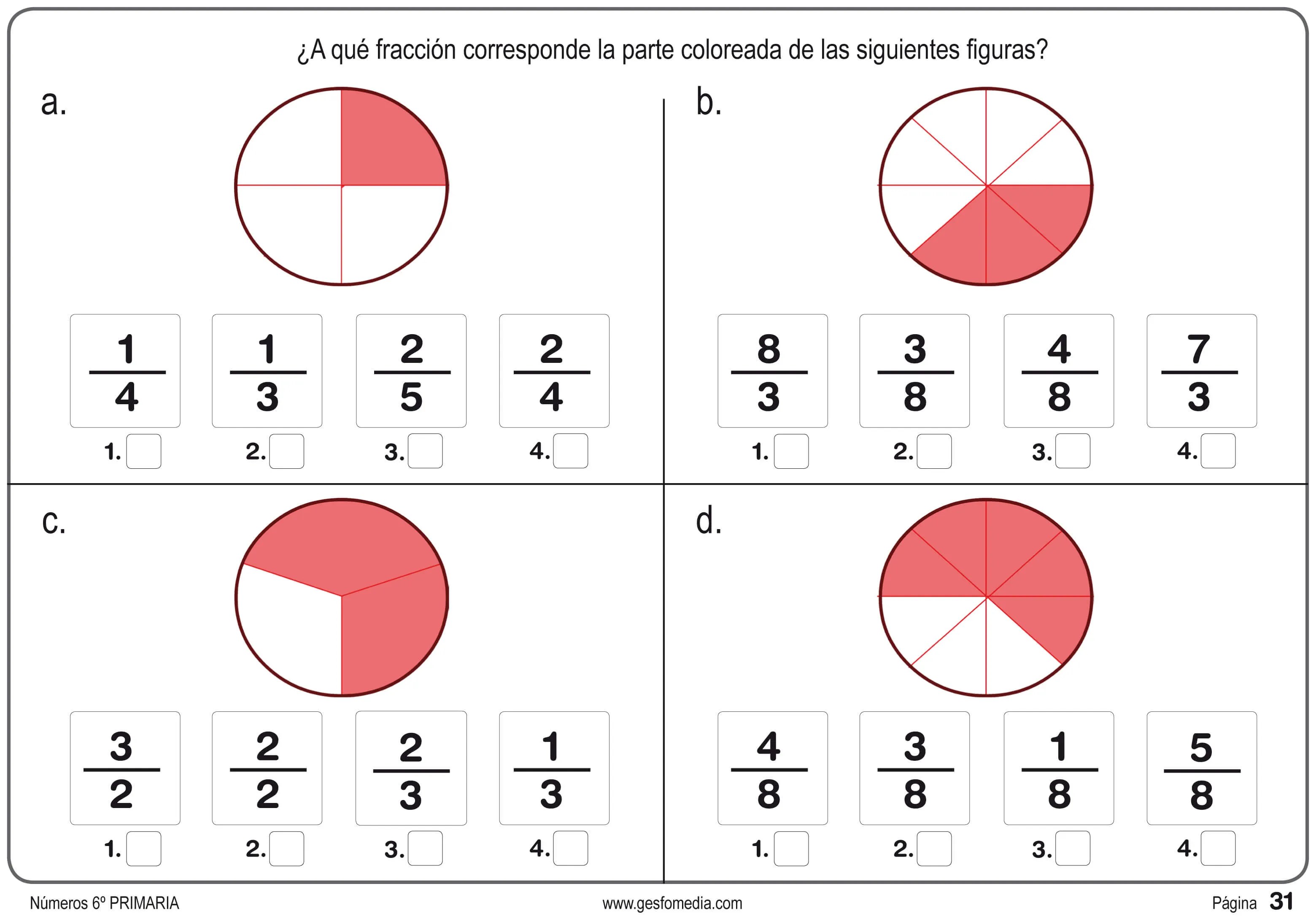 Recursos educativos Fichas de fracciones de 6Âº de Primaria