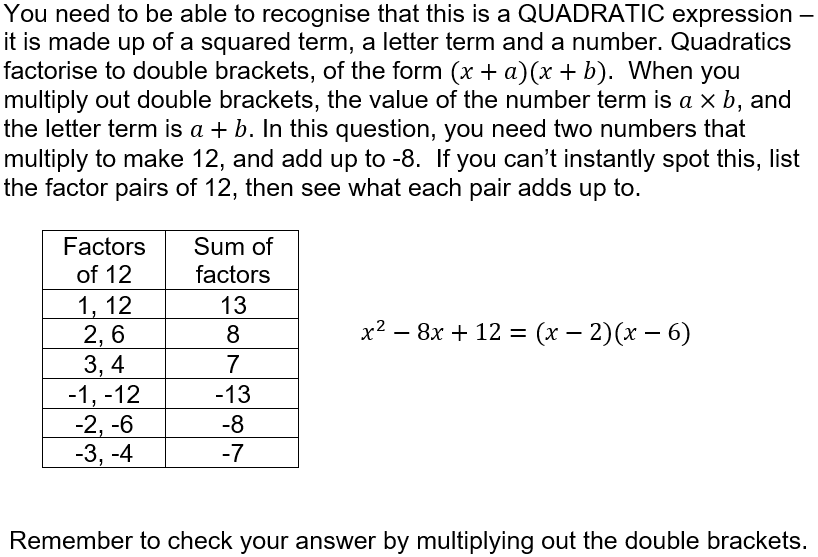 GCSE algebra learning how to factorise algebraic expressions