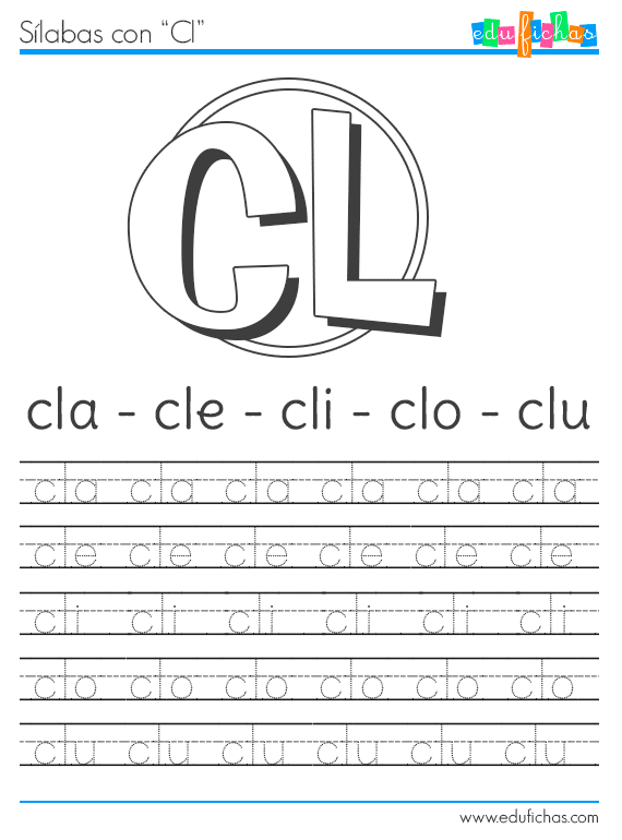 Sílabas con L. Fichas educativas con BL, CL, FL y GL