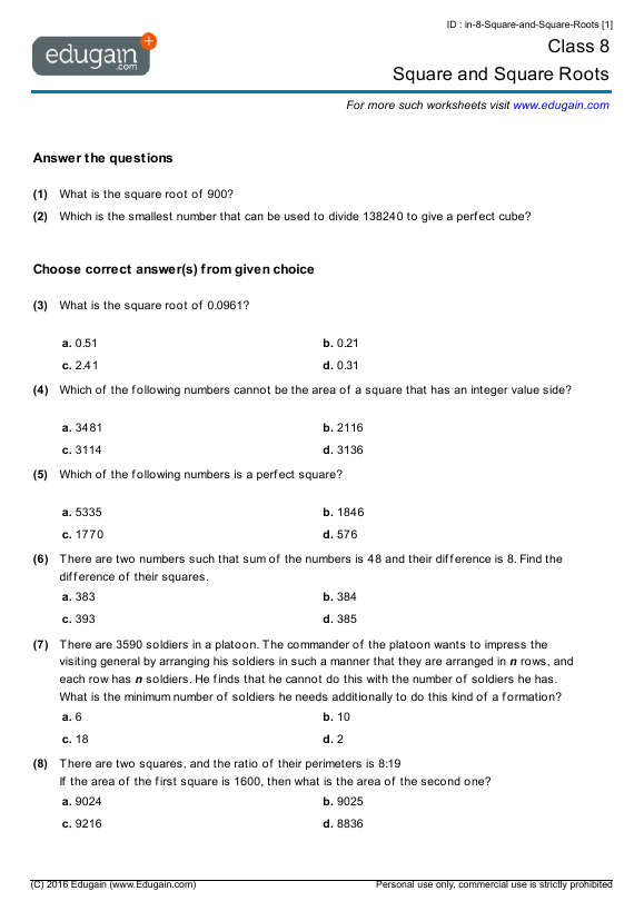 Grade 8 Math Worksheets and Problems Square and Square Roots Edugain