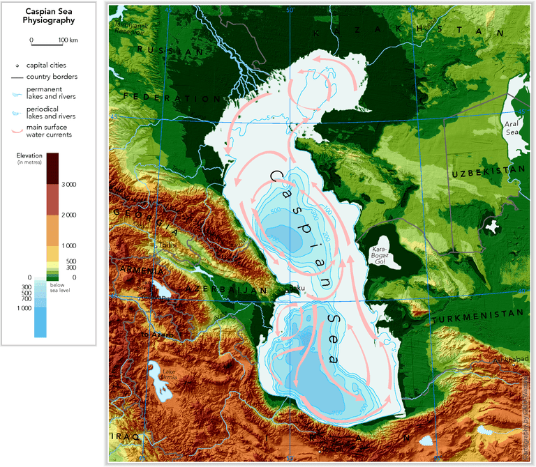 Caspian Sea physiography (depth distribution and main currents