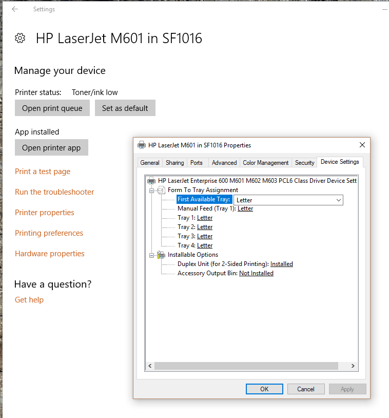 In the printer's Properties window, click the "Device Settings" tab