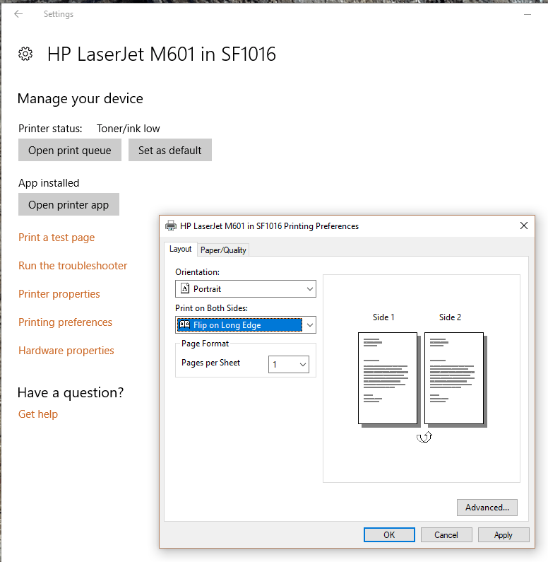 Close the printer properties window. Back in "Manage your device