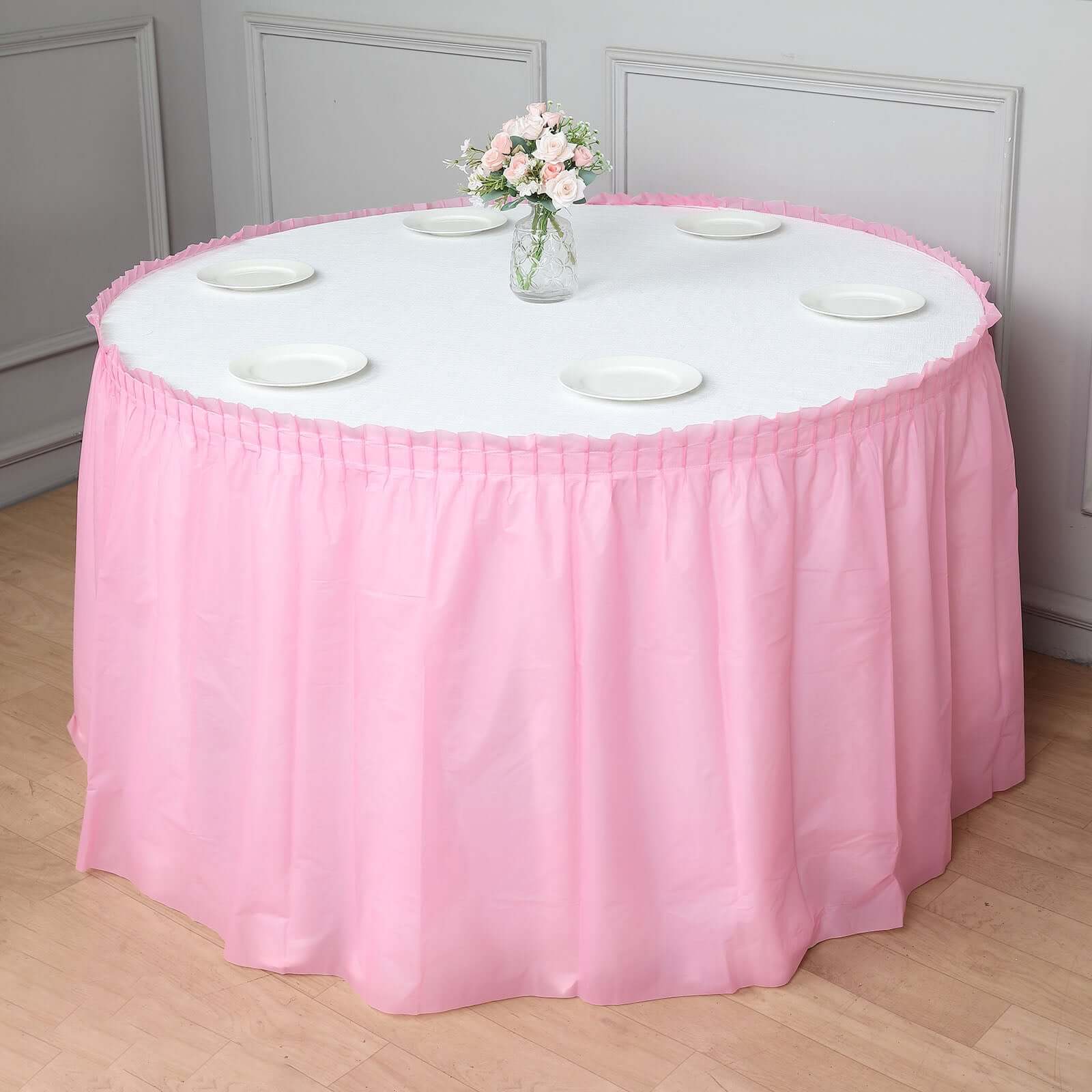 14ft Pink Ruffled Plastic Table Skirt