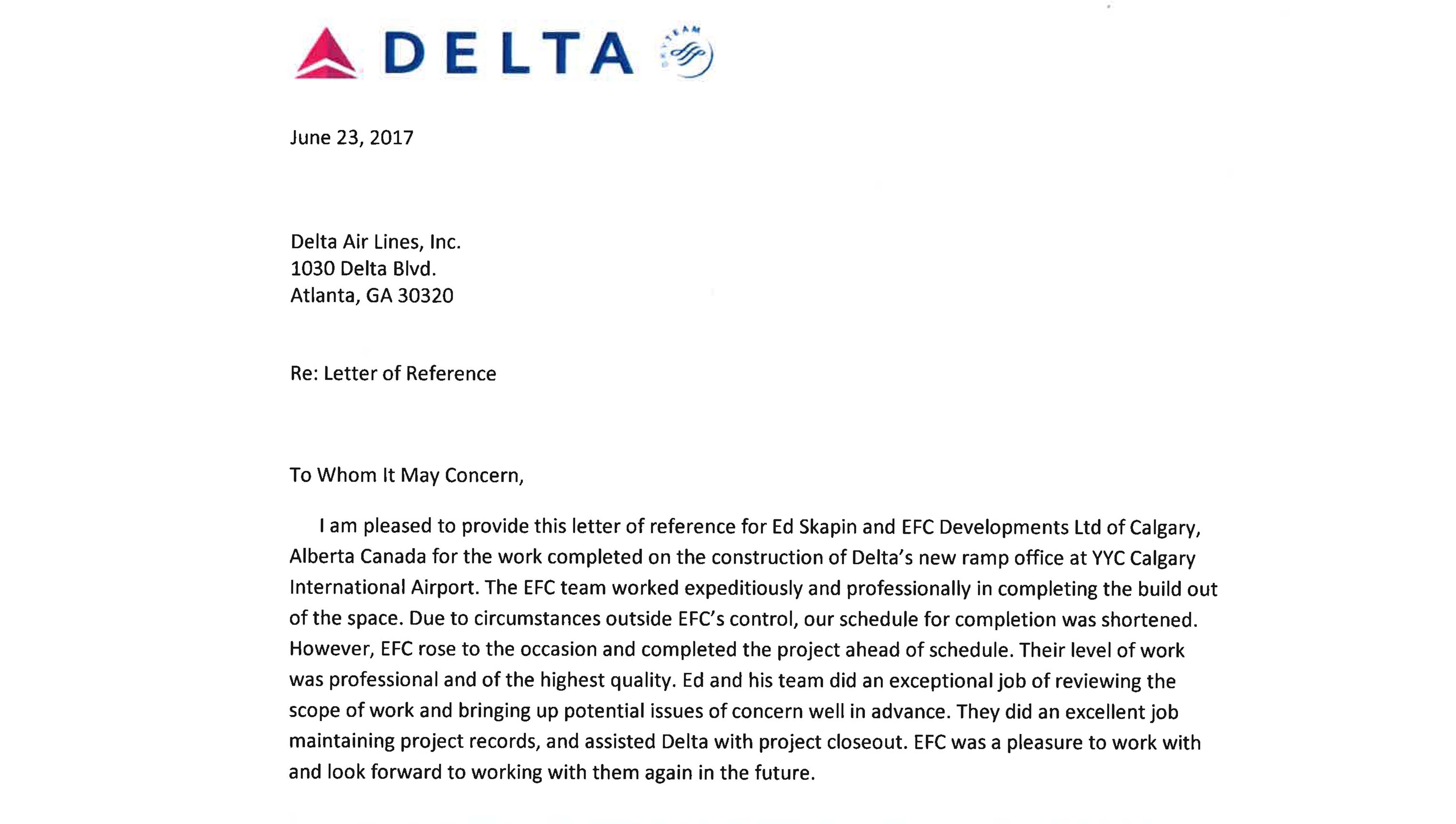 Thank you to Delta Airlines for the remarkable letter of reference