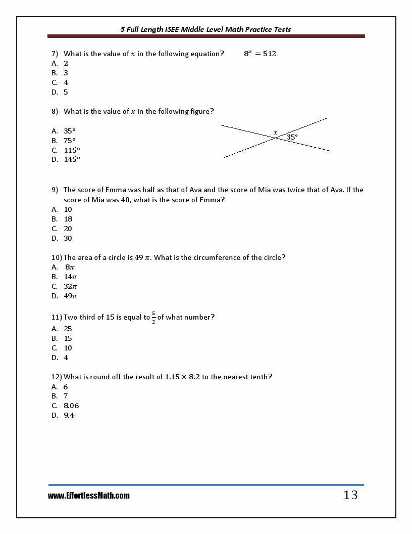 5 FullLength ISEE Middle Level Math Practice Tests The Practice You
