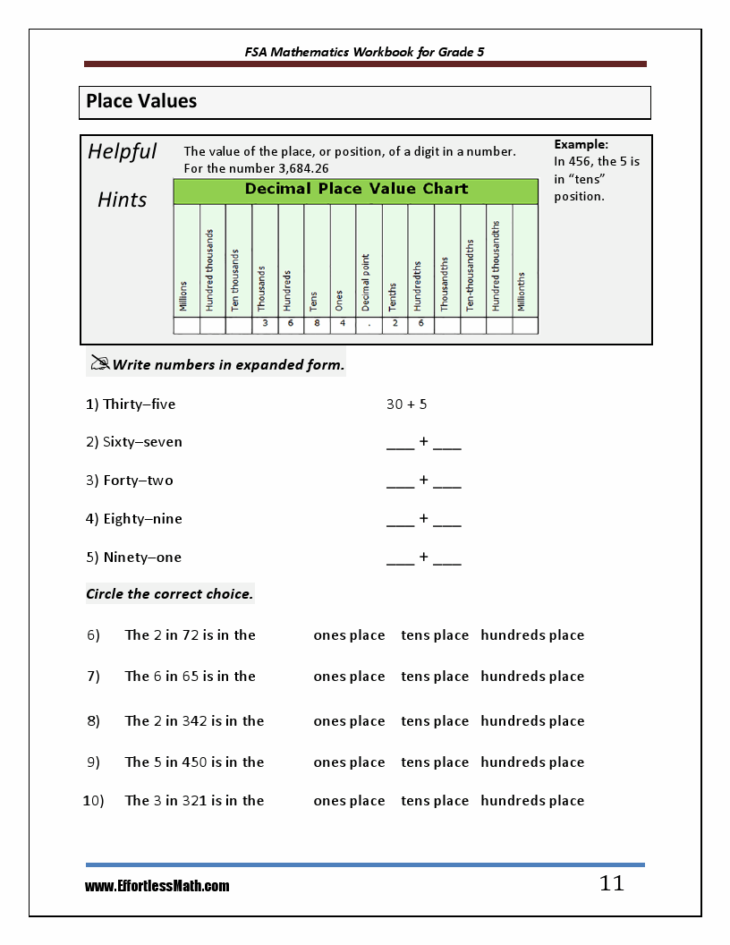 FSA Mathematics Workbook For Grade 5 StepByStep Guide to Preparing