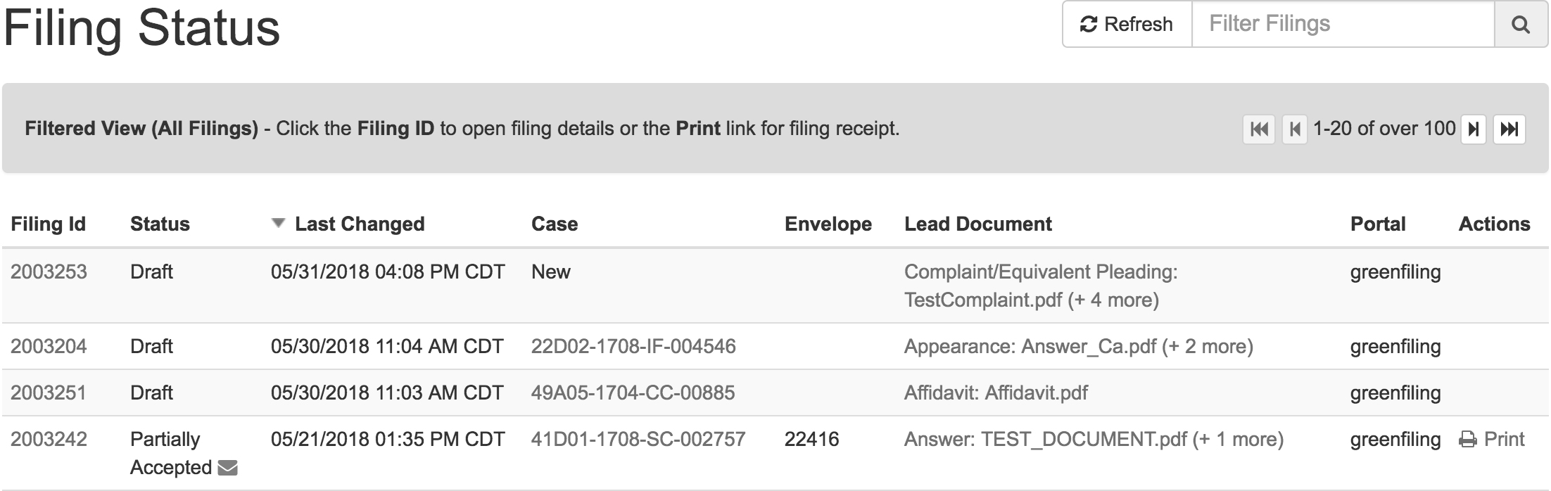 View Filed Documents and your Filing History on the Filing Status Screen EFiling Help