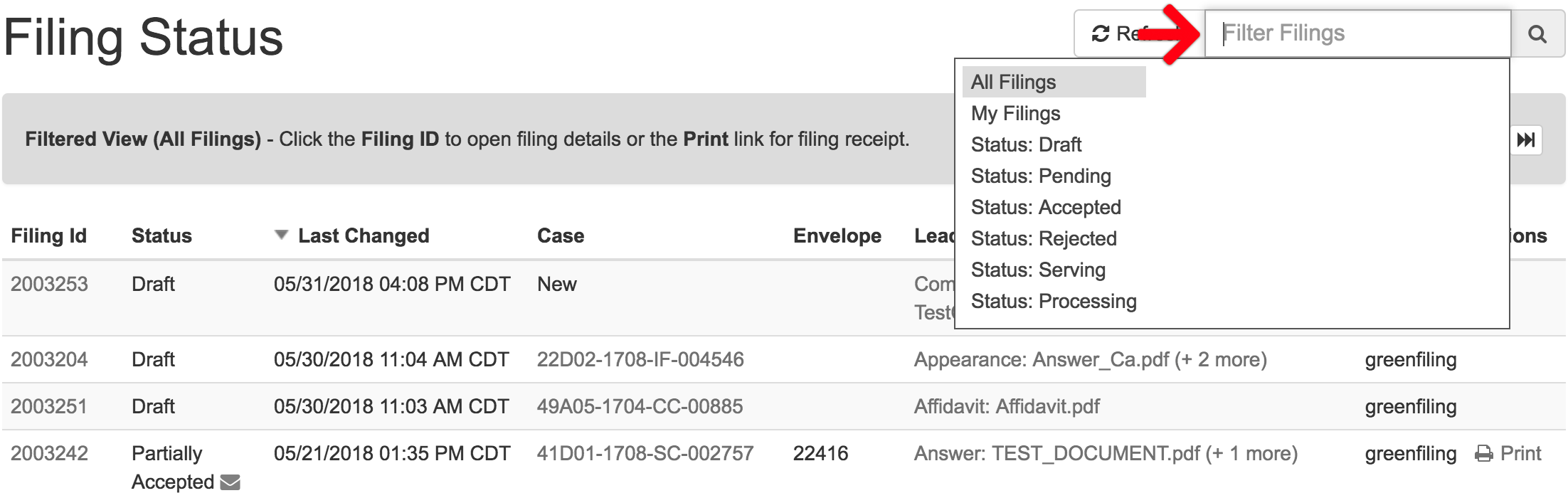 View Filed Documents and your Filing History on the Filing Status Screen EFiling Help
