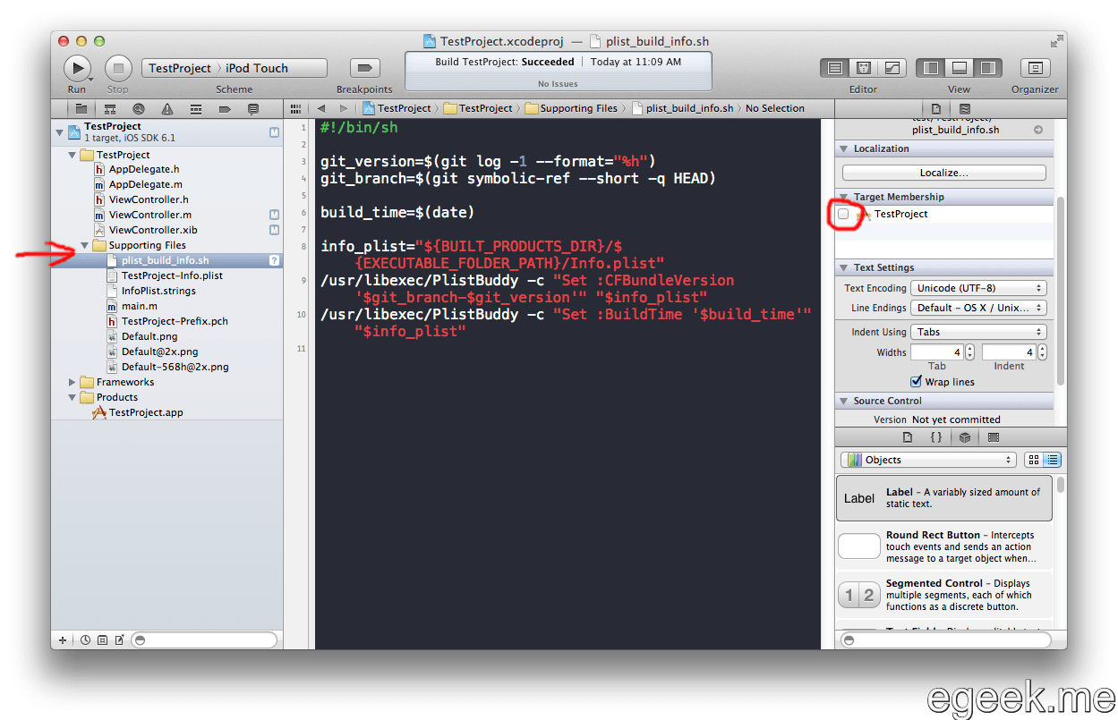 Xcode insert git build info into iOS app KISS