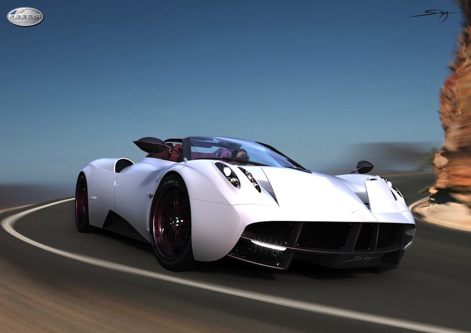 Photo Renderings Pagani Huayra Roadster White 3/4 Action Angle