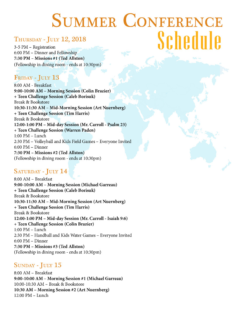 Summer Conference Schedule EI School of Biblical Training