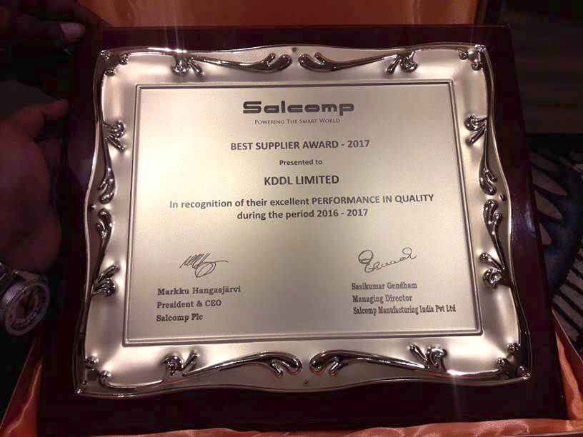 Best Supplier Award 2017 Awarded to Eigen by KDDL Limited