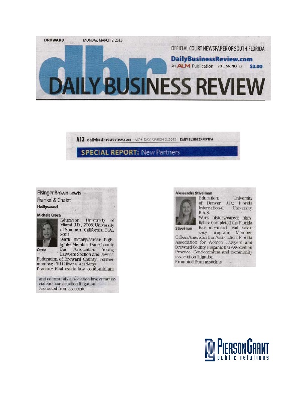 Daily Business Review Special Report on New Partners Stivelman and Crosa