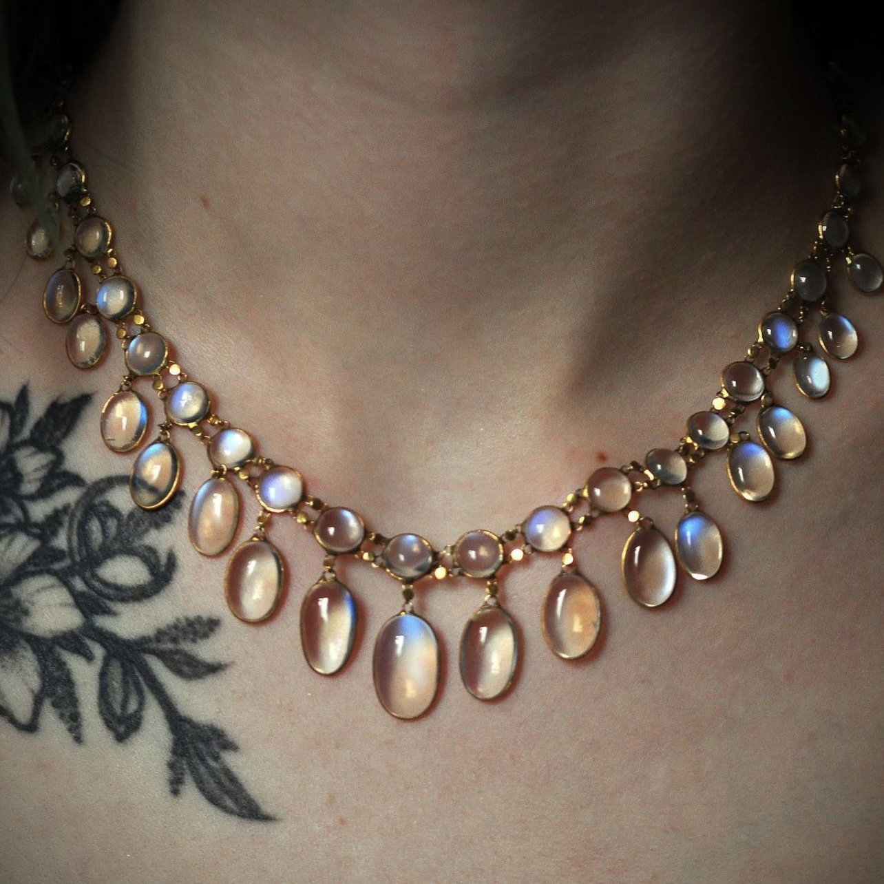 Edwardian 15k Gold & Moonstone Festoon Necklace Ejay Antiques