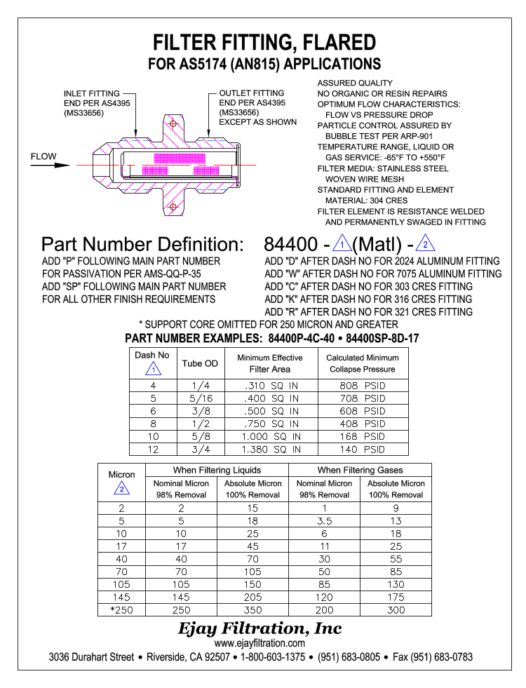 AS5174 Flared Industrial Aerospace Filter Fitting Ejay Filtration Inc
