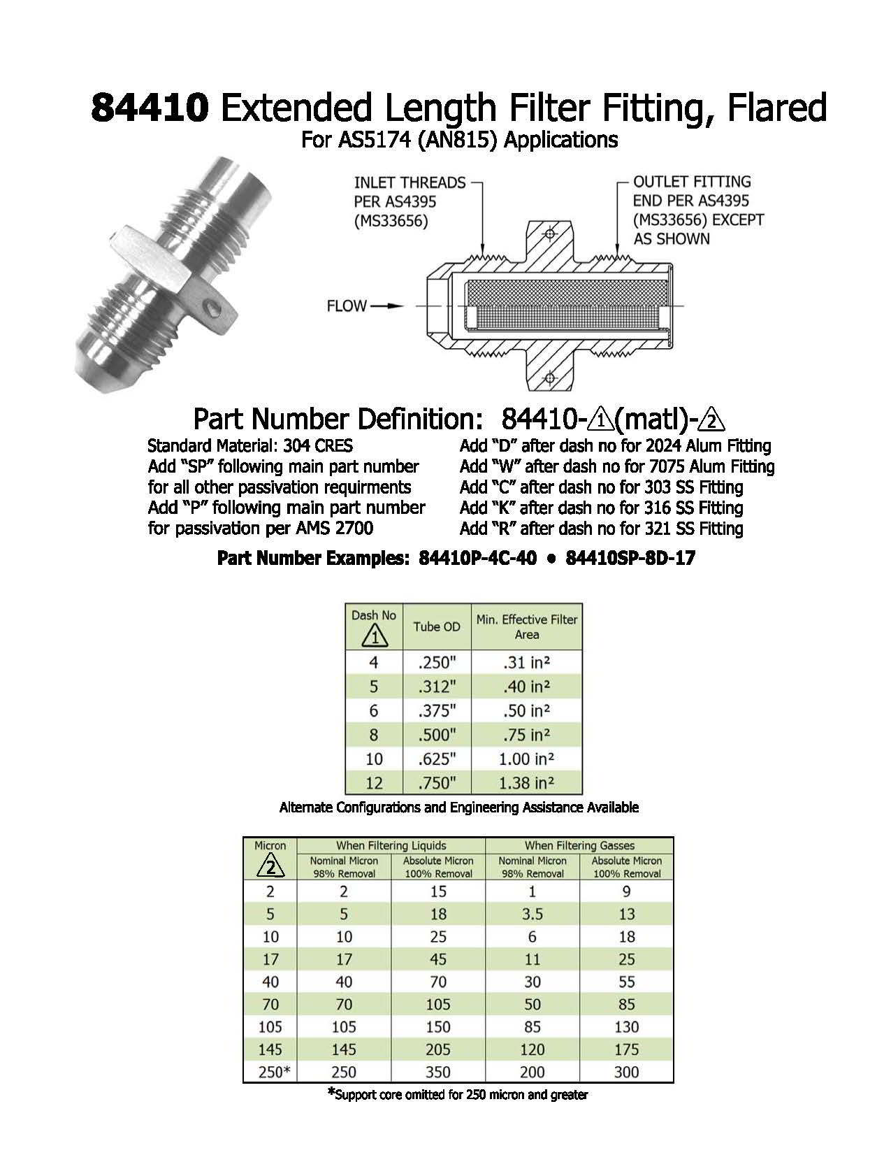 84410 Extended Length Filter Fitting, Flared Ejay Filtration Inc