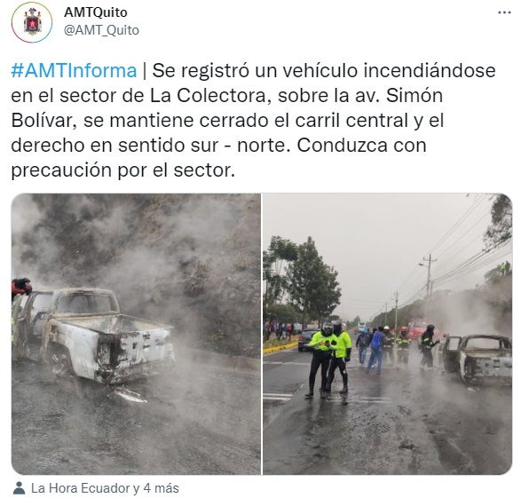 Vehículo se incendia en la avenida Simón Bolívar, en Quito El Comercio