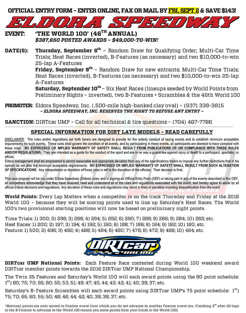Eldora Speedway 2024 Schedule 46th Annual World 100 Official Entry Eldora Speedway