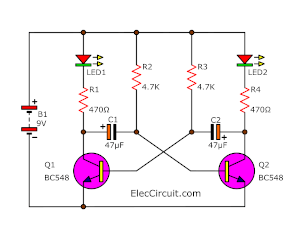 Led Flashers Circuits And Projects Using Transistor Eleccircuit Com