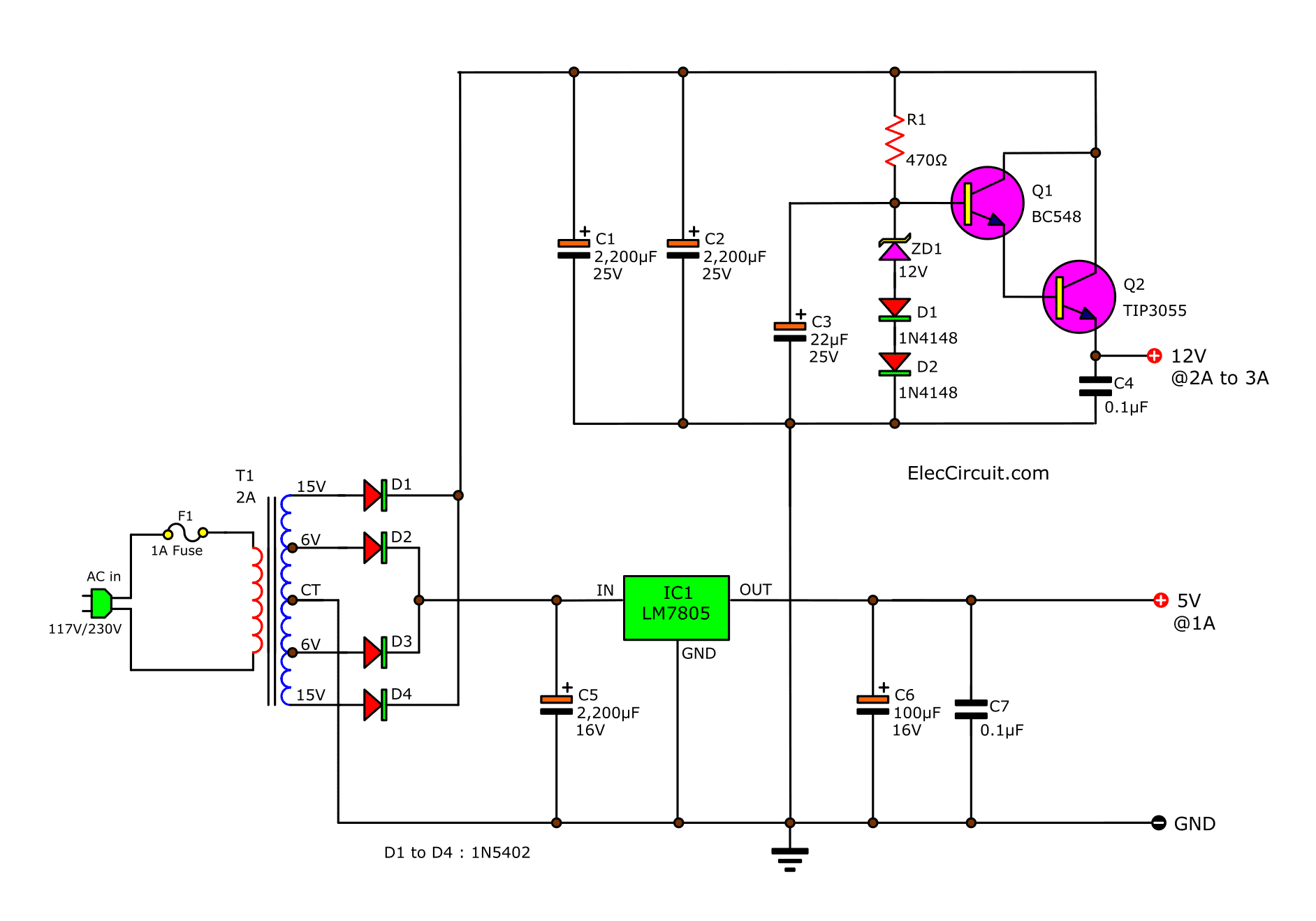 12V 5V Dual Power Supply Circuit Diagram 3A max | ElecCircuit