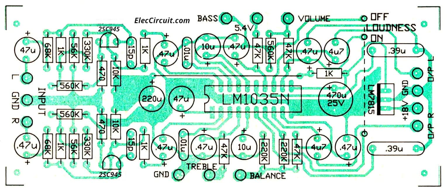LM1036-LM1035 Dual DC tone control circuit with PCB | ElecCircuit.com