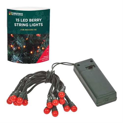 Christmas 15 Red Berry LED Battery Operated Lights Electrical