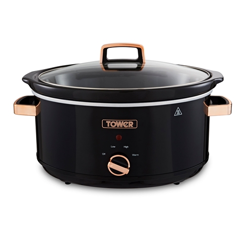 Tower Rose Gold 6.5 Litre Slow Cooker Black and Rose Gold Electrical World