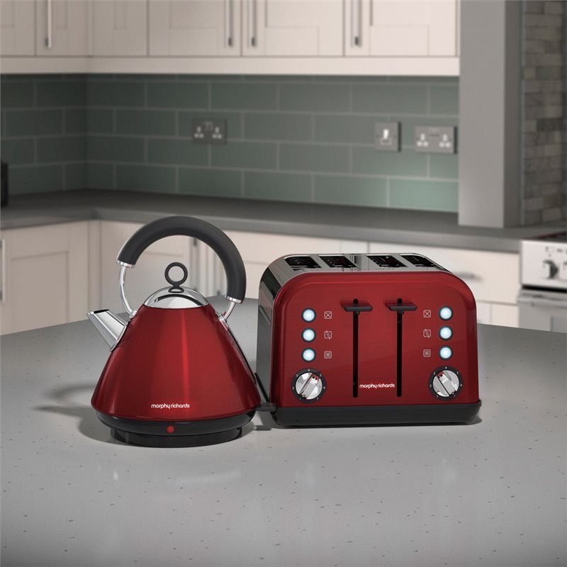 Morphy Richards Red Accents Pyramid Kettle & 4 Slice Toaster Set