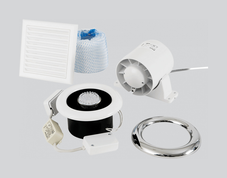 Xpelair Airline Inline Extract Fan with Timer, LED Light, Ducting and