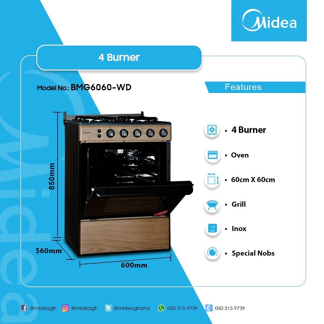 MIDEA 4 BURNER GAS COOKER WITH GRILL BMG6060WD Electroland