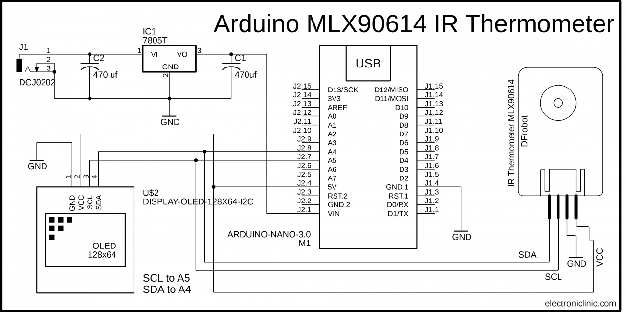 MLX90614 noncontact infrared temperature sensor using Arduino