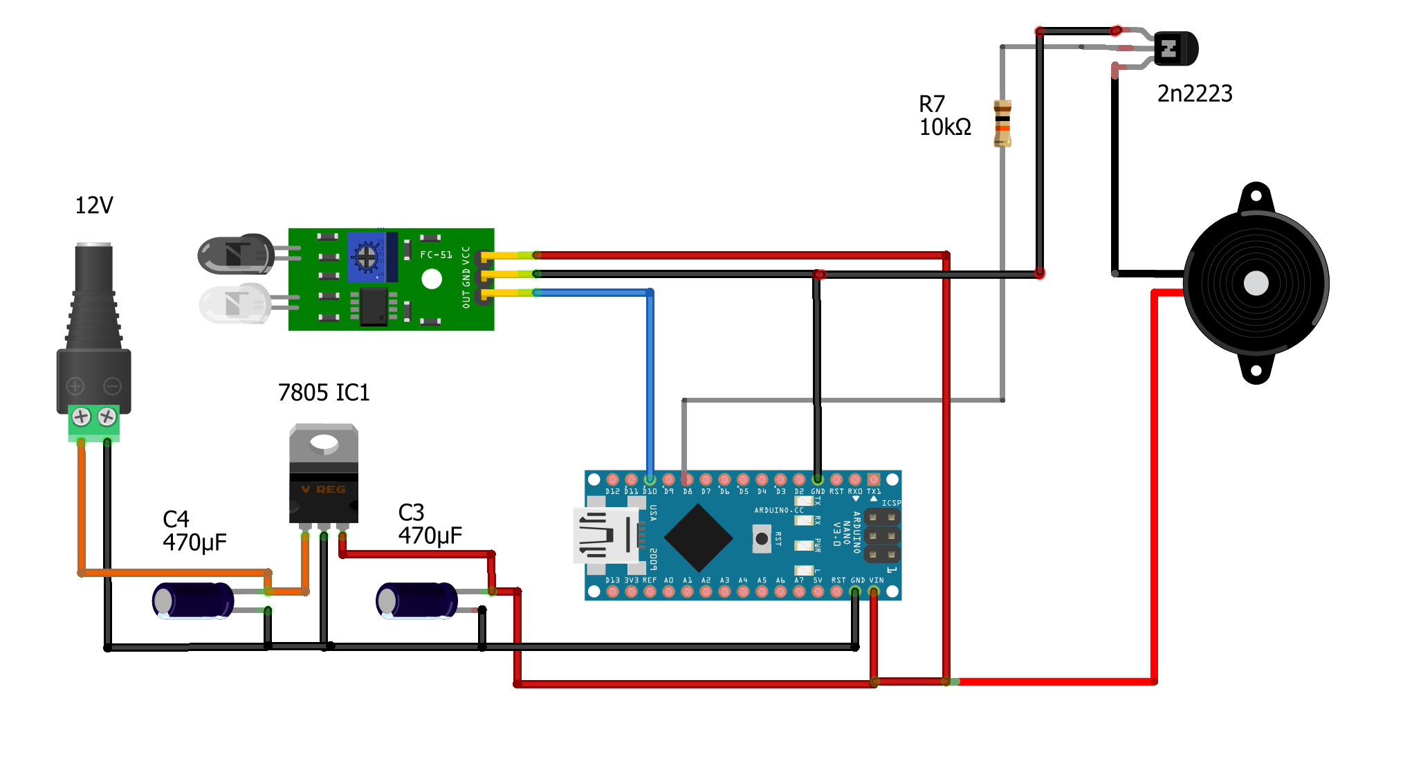 Arduino IR Sensor & Buzzer Circuit diagram and Programming