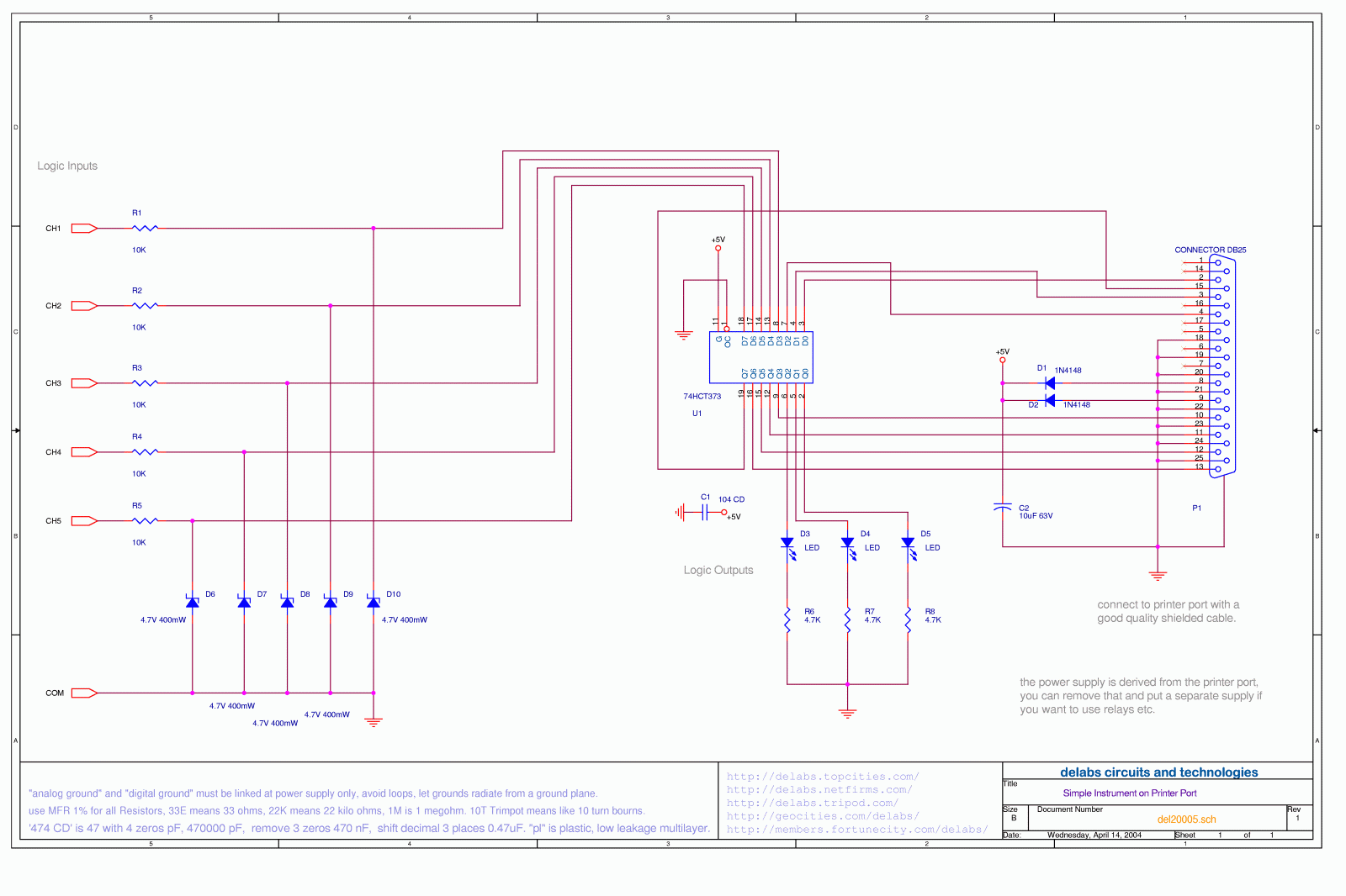 Simple Printer Port Interface Electronics Circuits